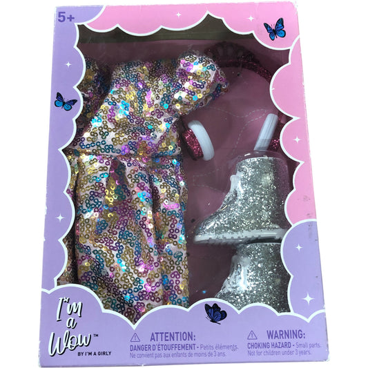 I'm A Wow Doll Outfit Sparkling Dress Accessories Glitter Silver Boots 5 Plus