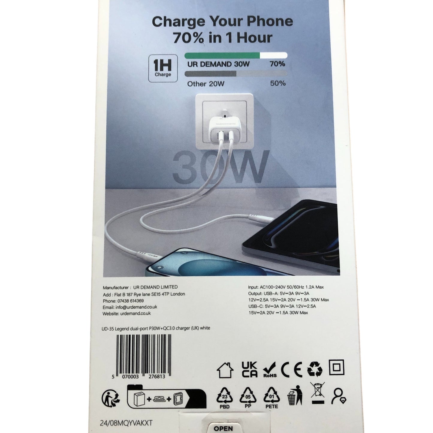 UR Demand 30W Gan Dual Port Fast Charger Model UD35 QC3.0 USB C Adapter