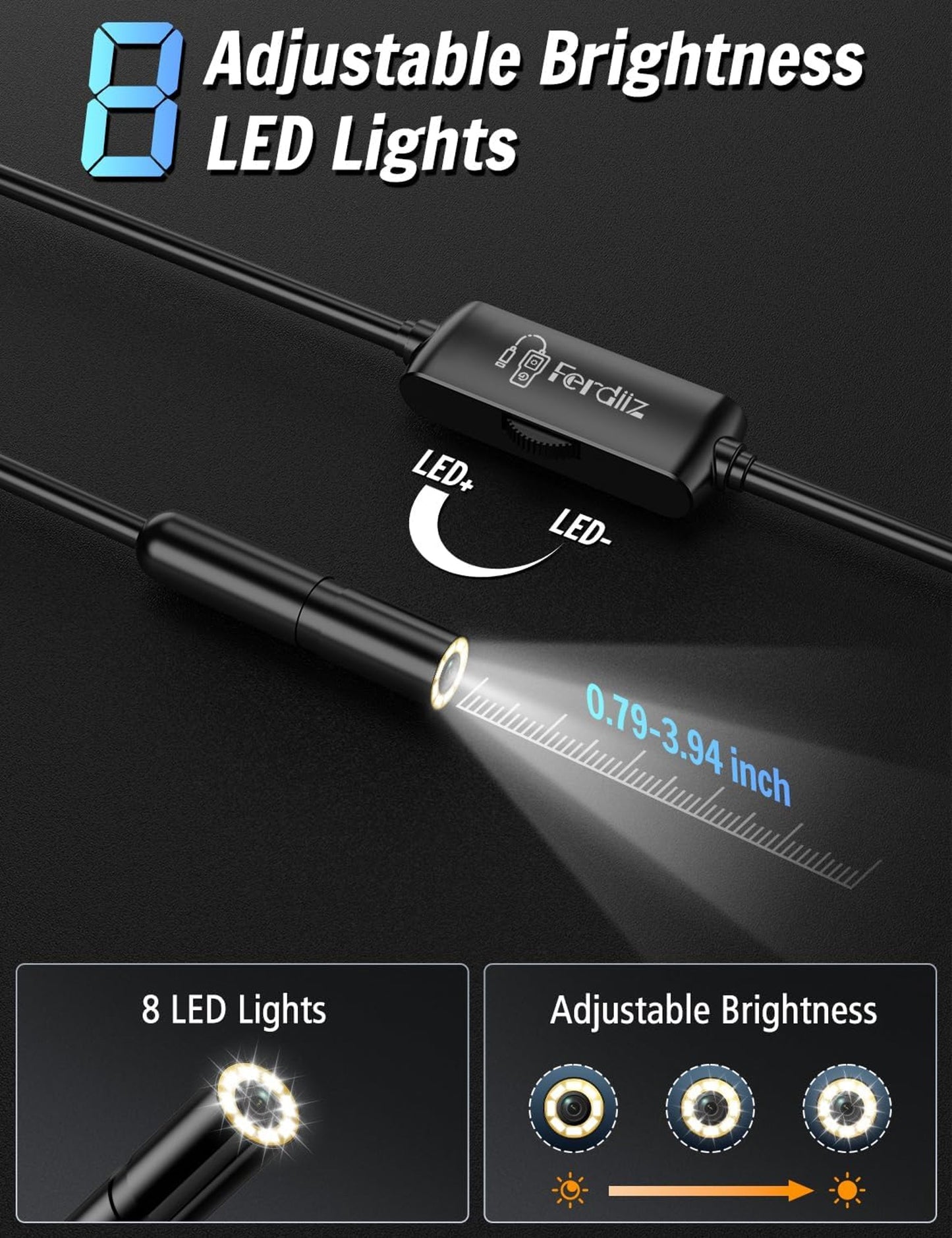 FERDILIZ 1920P HD Dual Lens Endoscope Camera Flexible Semi-Rigid Cable