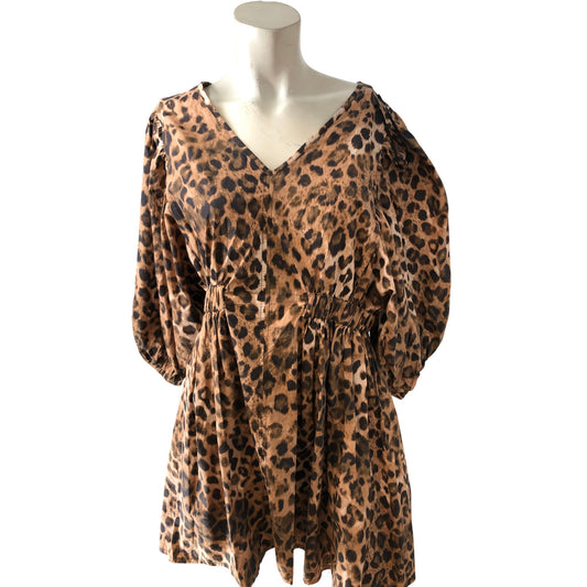 River Island Leopard Print Dress UK22 Women's Long Sleeve Flared Fit Brown