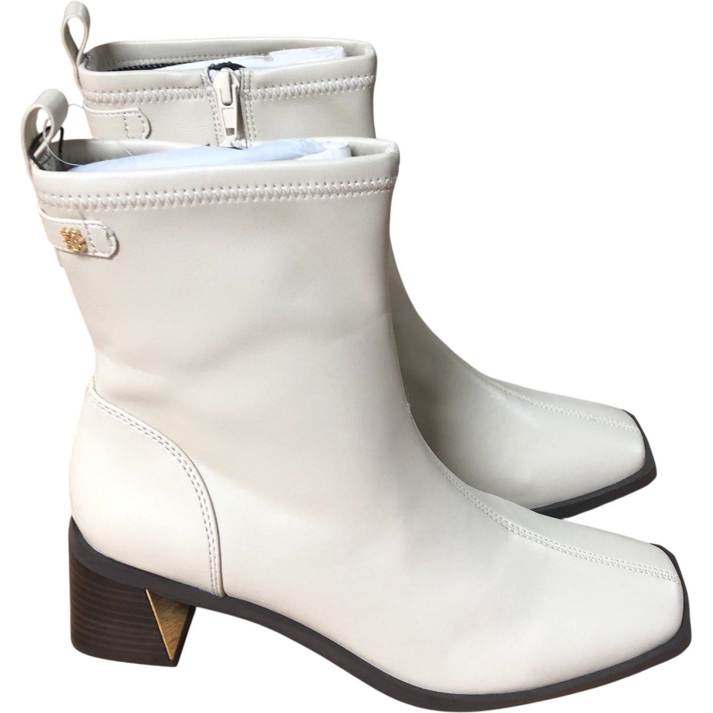 River Island Block heel stretch sock boots in cream UK 3