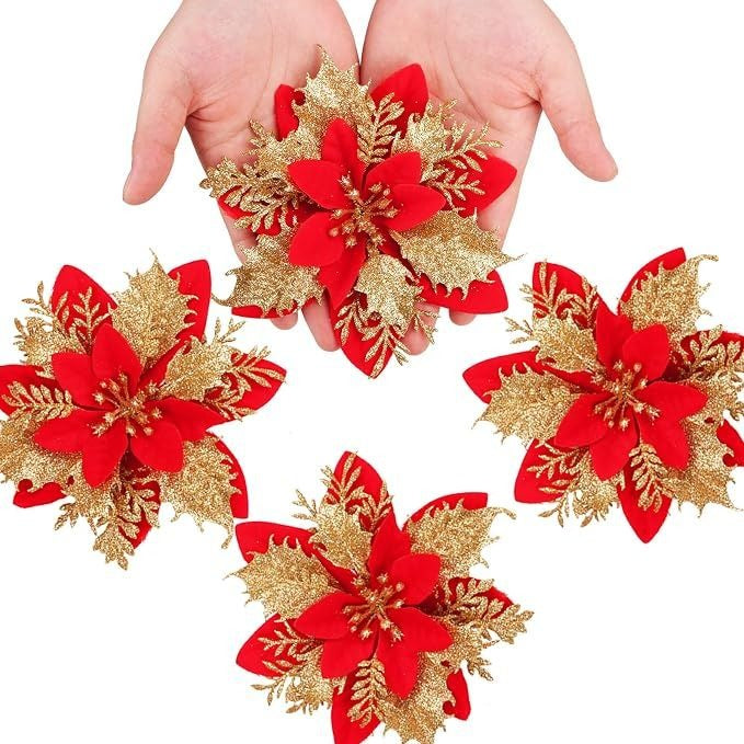 Red & Gold Artificial Poinsettia Christmas Decorations 12 Pieces