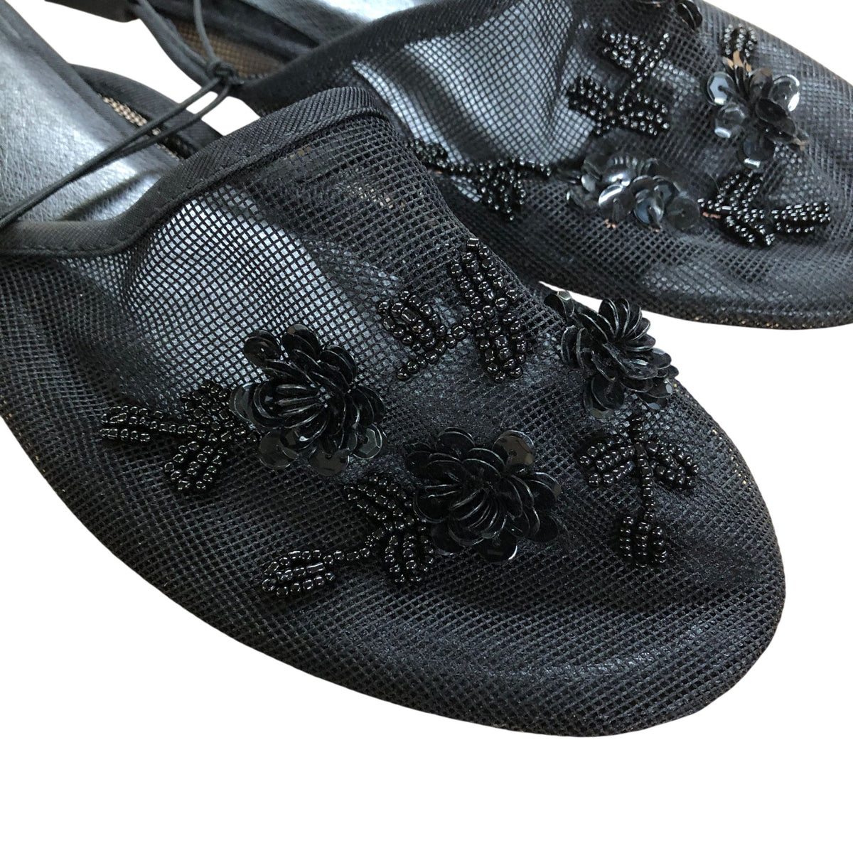 Black Floral Slip On Flats Women's Mesh Embellished Design UK4