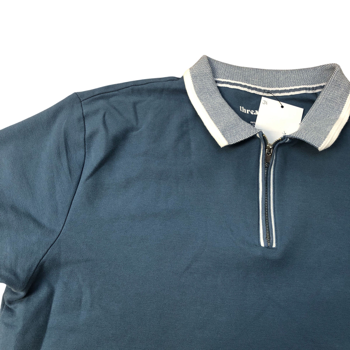 Threadbare Polo Shirt Regular Fit Blue Zip Neck Size L