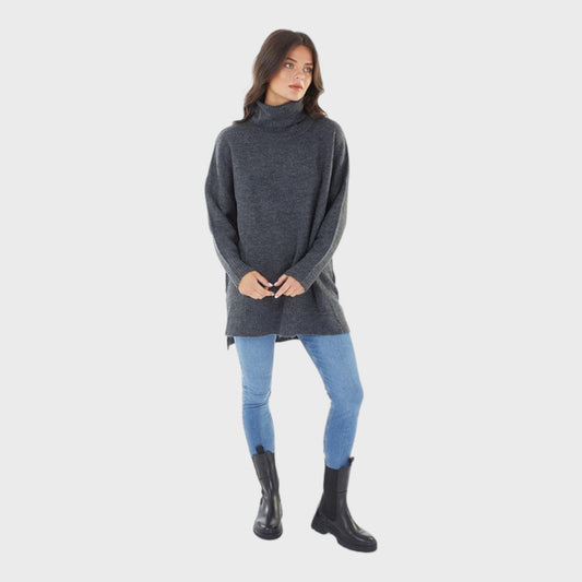 Charcoal Grey Oversized Roll Neck Knitted Jumper