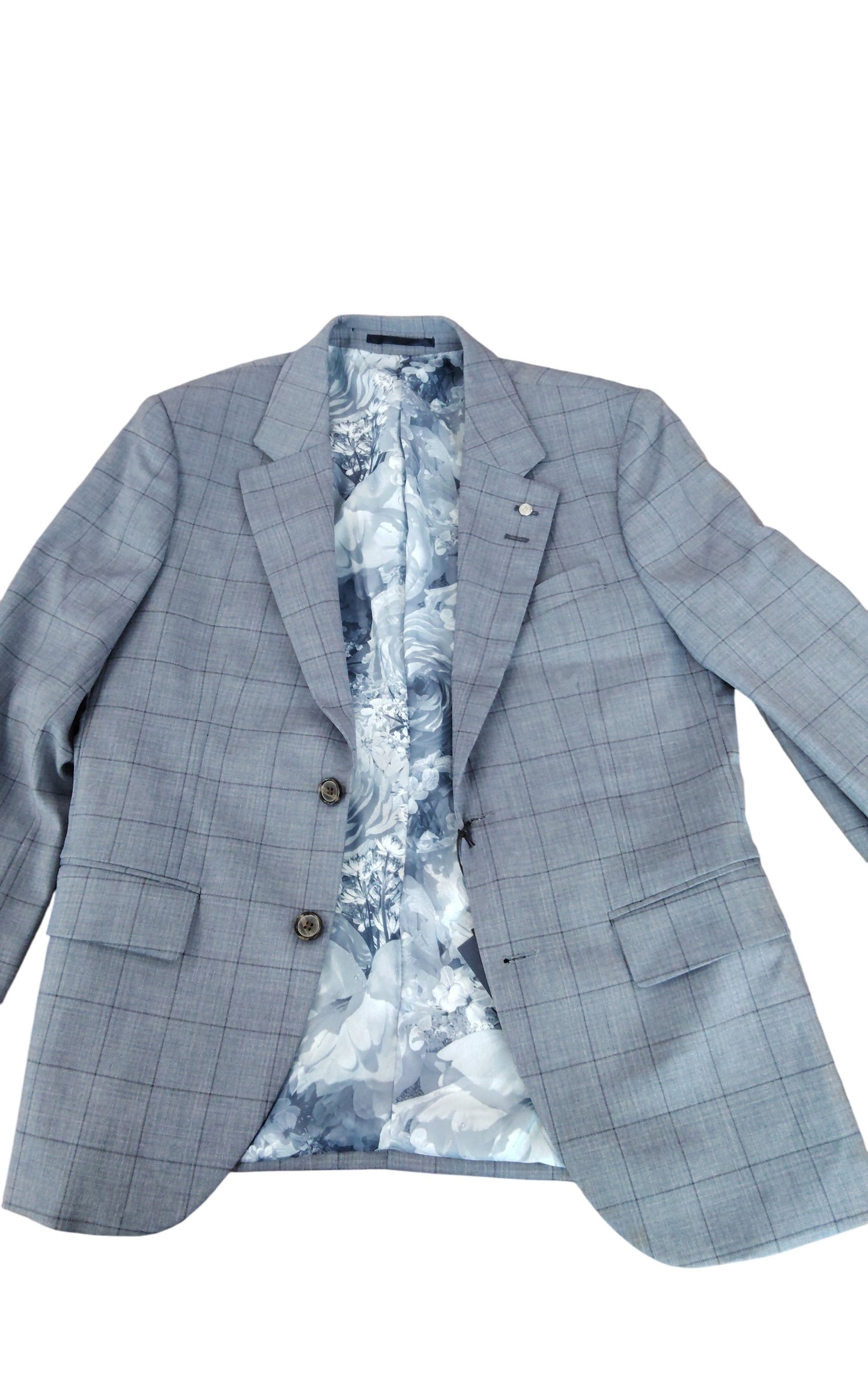 River Island Suit Jacket UK38S Men's Grey Check Slim Fit Floral Lining