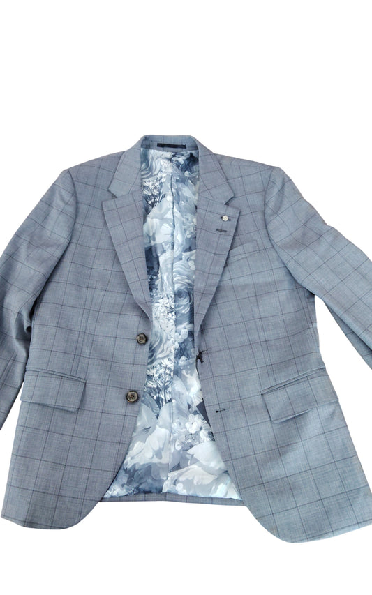 River Island Suit Jacket UK38S Men's Grey Check Slim Fit Floral Lining