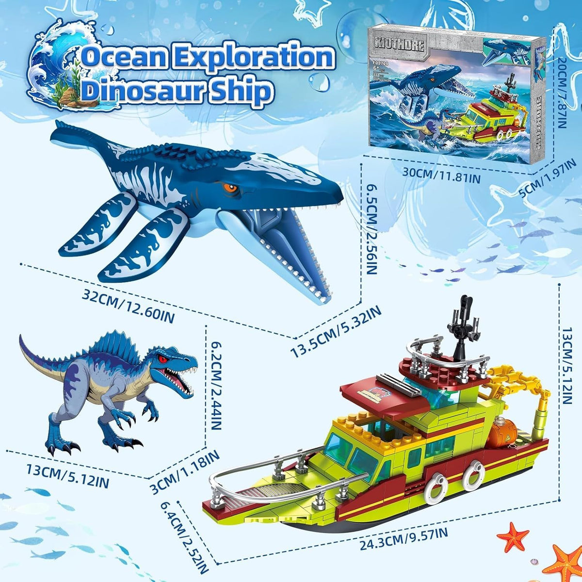 kiothdre Ocean Explorer 3in1 Building Set Boat & Mosasaurus Spinosaurus Dinosaur