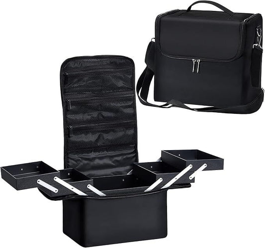 Joligrace Makeup Bag Cosmetic With Four Trays & Shoulder Strap Black