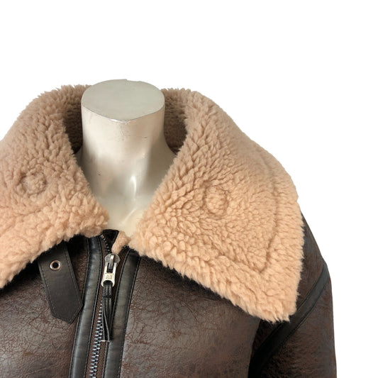 American Eagle Brown Shearling Biker Jacket Large Women's Faux Fur Collar