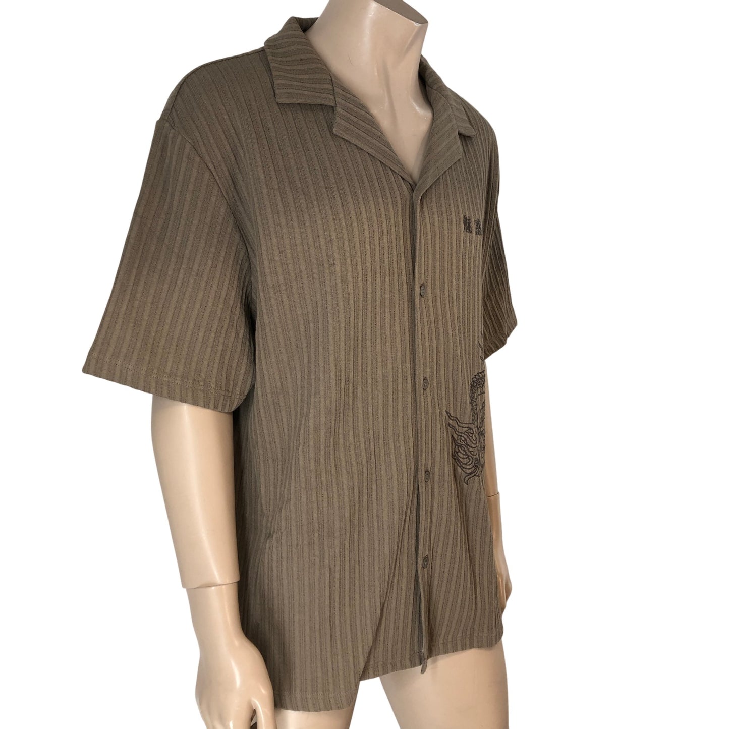 RIVER ISLAND Casual Shirt XL Men's Brown Striped Short Sleeve Dragon Design