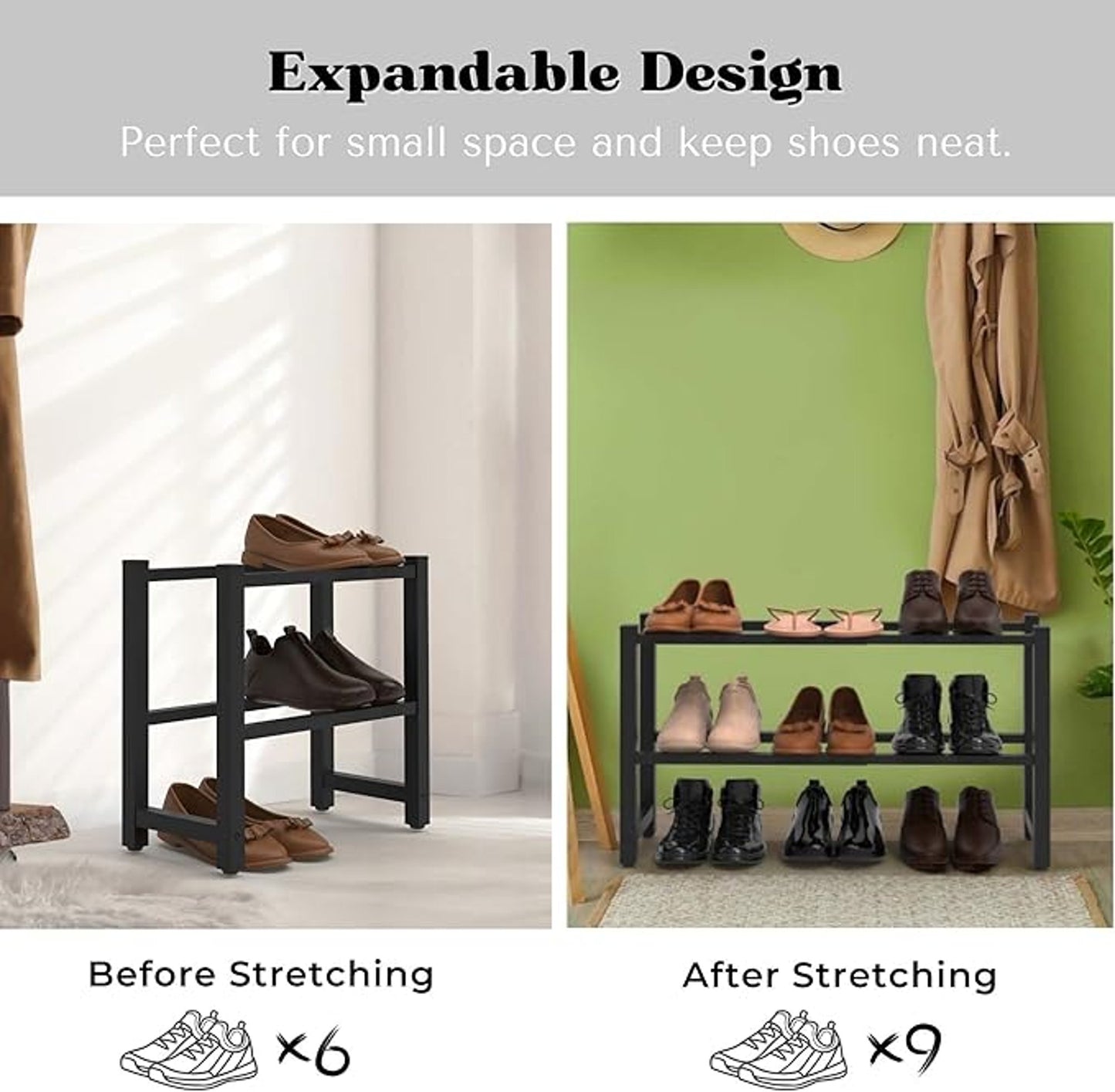 Hi-Home 2Tier Extendable Shoe Rack Small Black Adjustable Shoe Organiser Storage