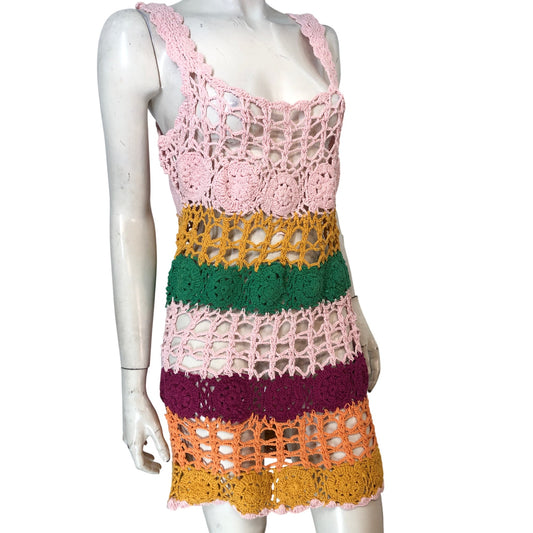 River Island Poolside Pink Dress UK8 Crocheted Multi Colour Swimwear Resort