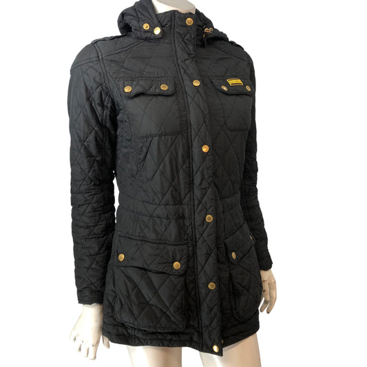 Barbour International Quilted Puffer Jacket UK10 Women's Black Hooded Outerwear