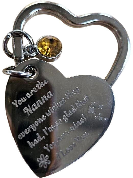 Silver Nanna Keyring Heart Charm With Yellow Gem