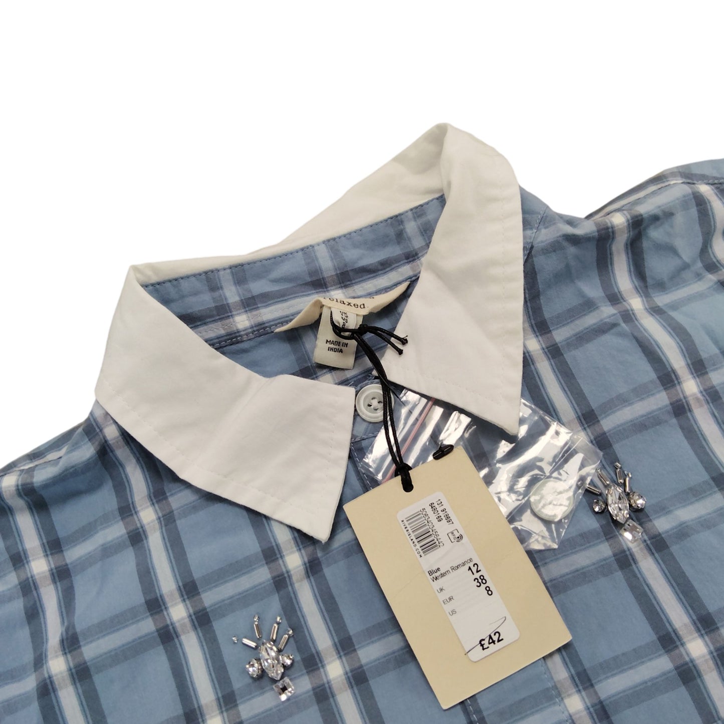 River Island Checked Blue Shirt Women Size 12 Embellished Long Sleeve