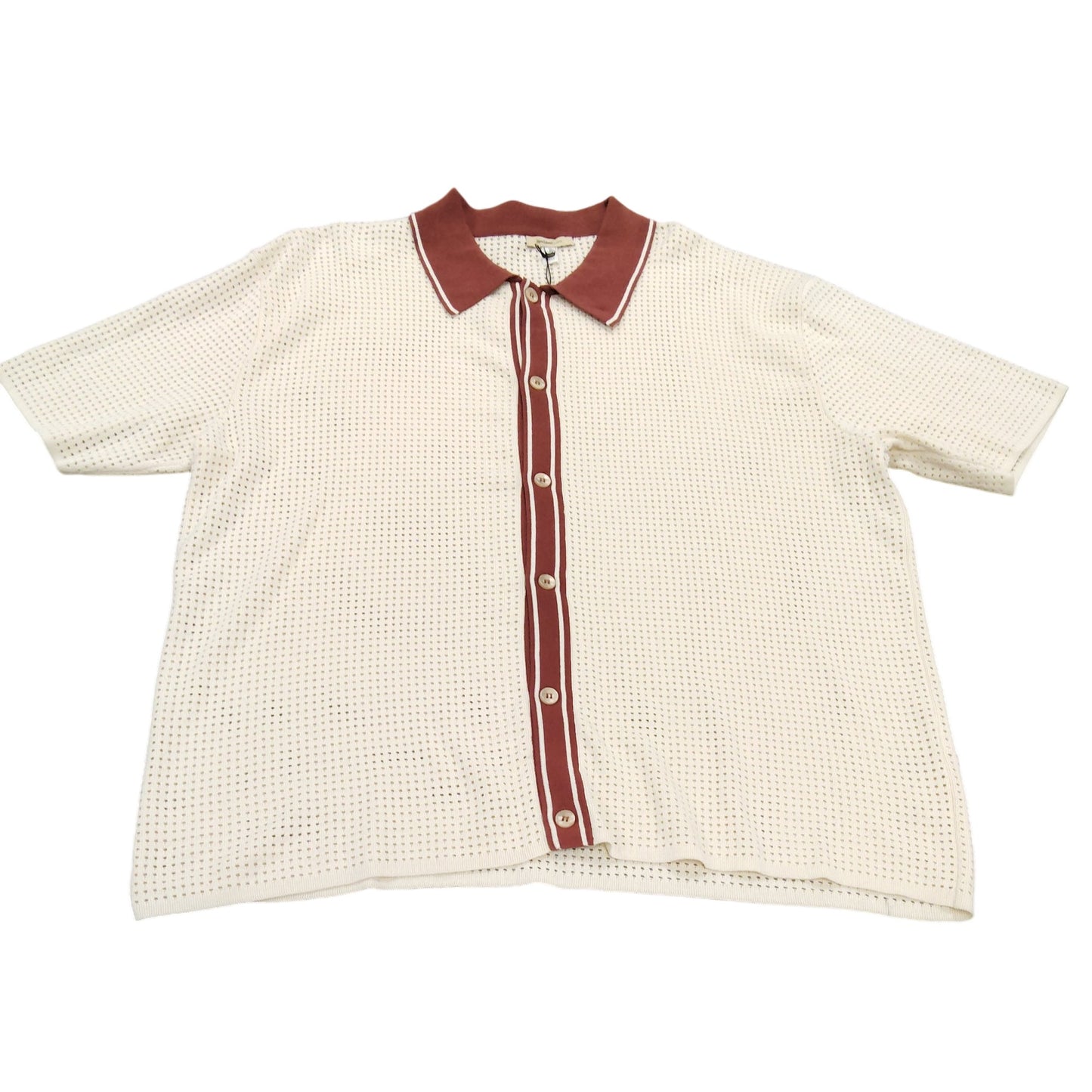 River Island Men’s Polo Shirt XL Cream Brown Striped Button Front Casual Top