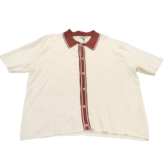 River Island Men’s Polo Shirt XL Cream Brown Striped Button Front Casual Top