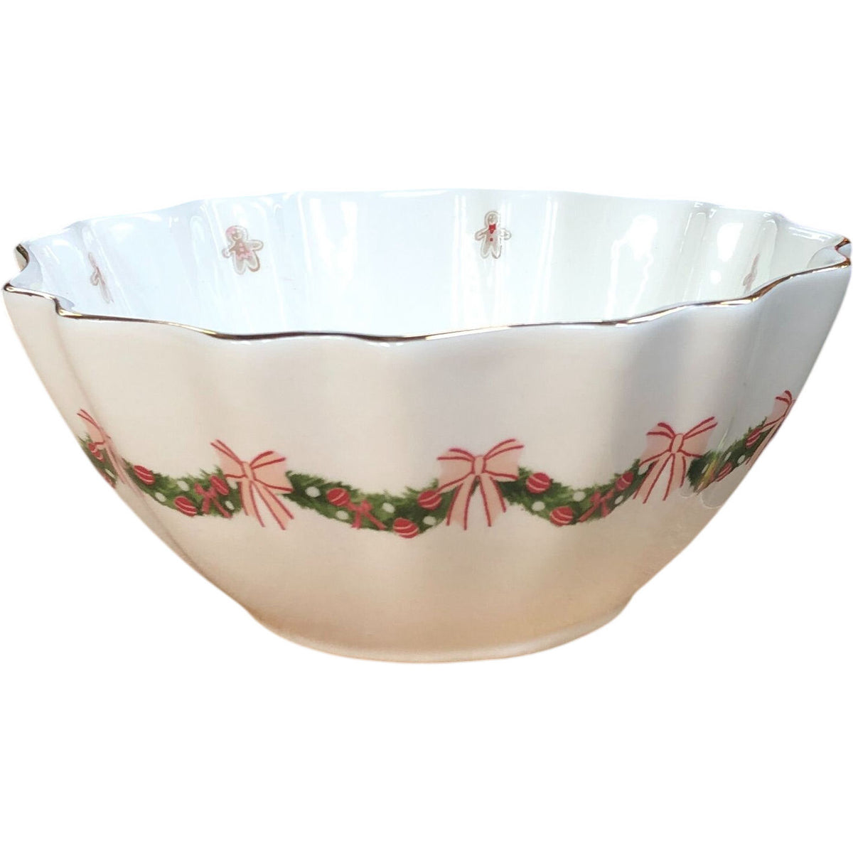 Decorative Christmas Snack Bowl White Scalloped Edges