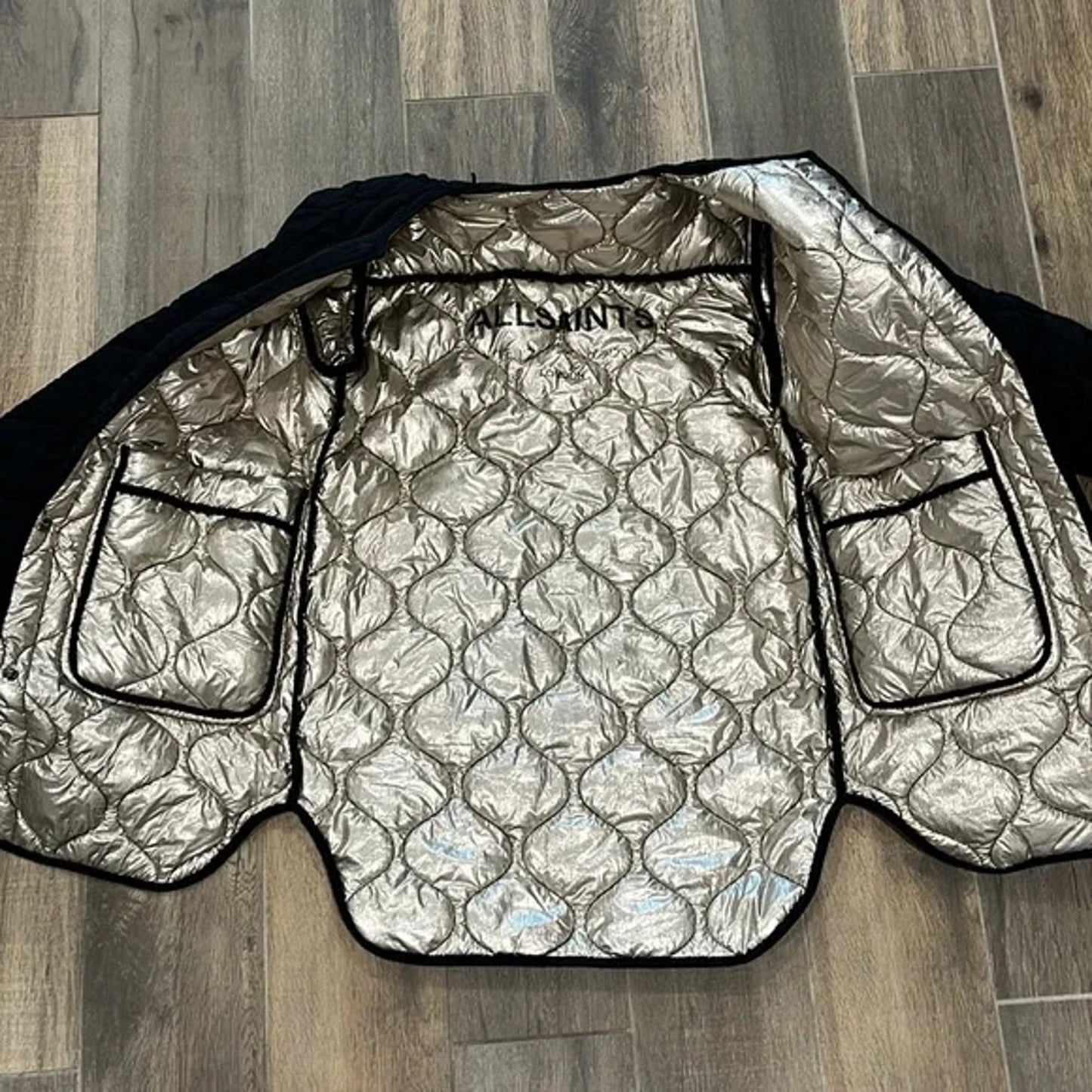 All Saints Quilted Puffer Jacket Gold UK12 Women's Outerwear Stylish Coat