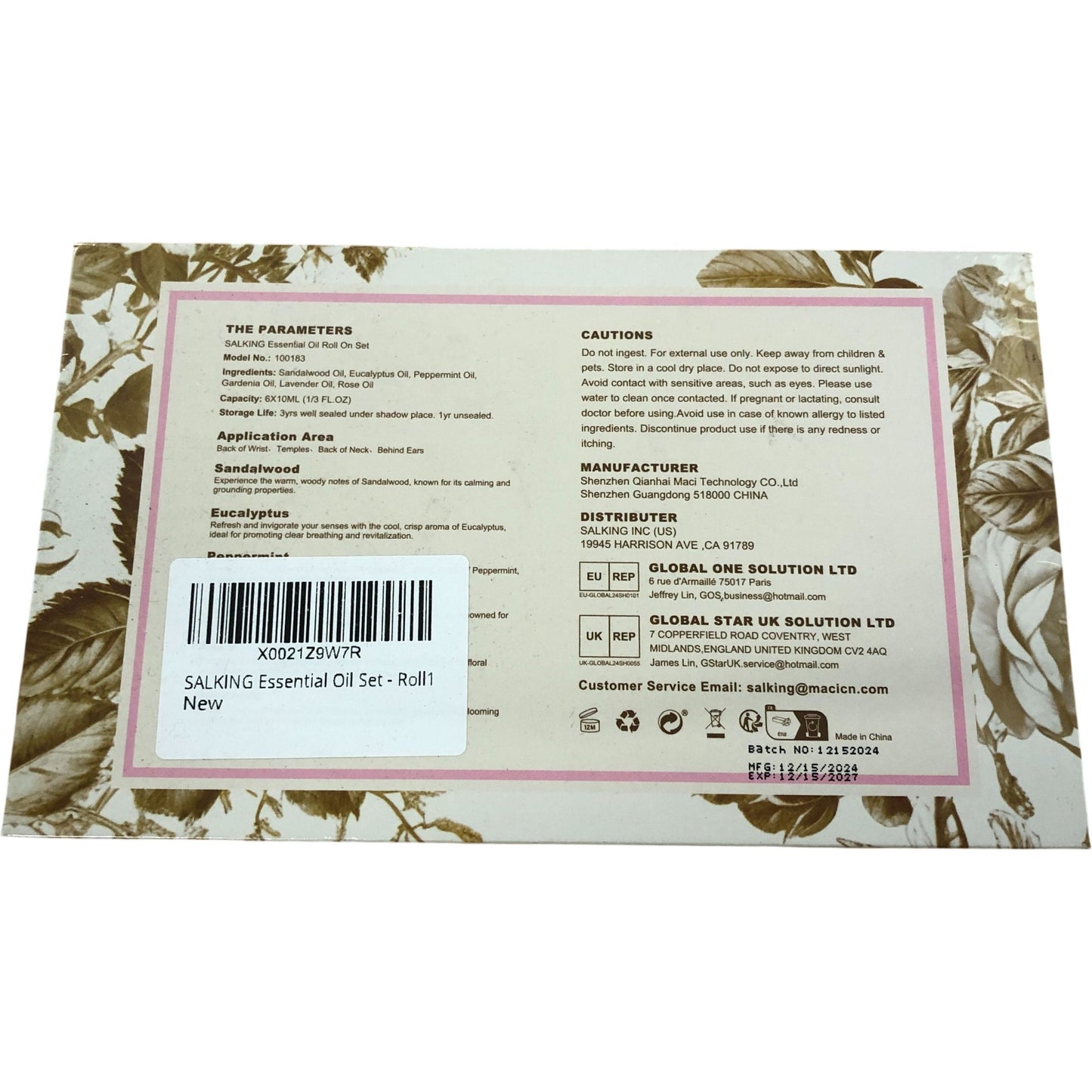 SALKING Essential Oil Roll On Set 6 X 10ML Aromatherapy Gift Set