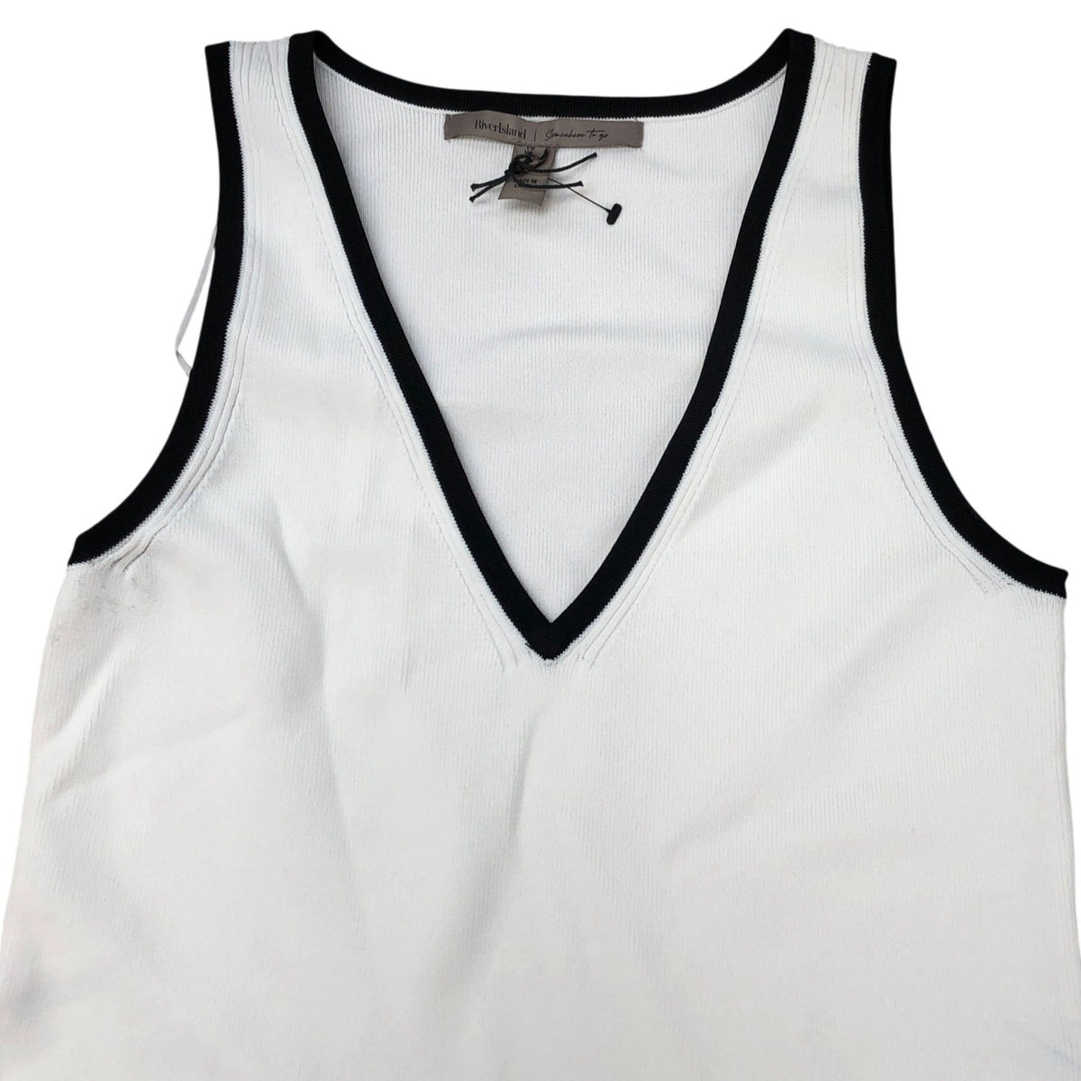 River Island V Neck Dress White Black Trim Size 12
