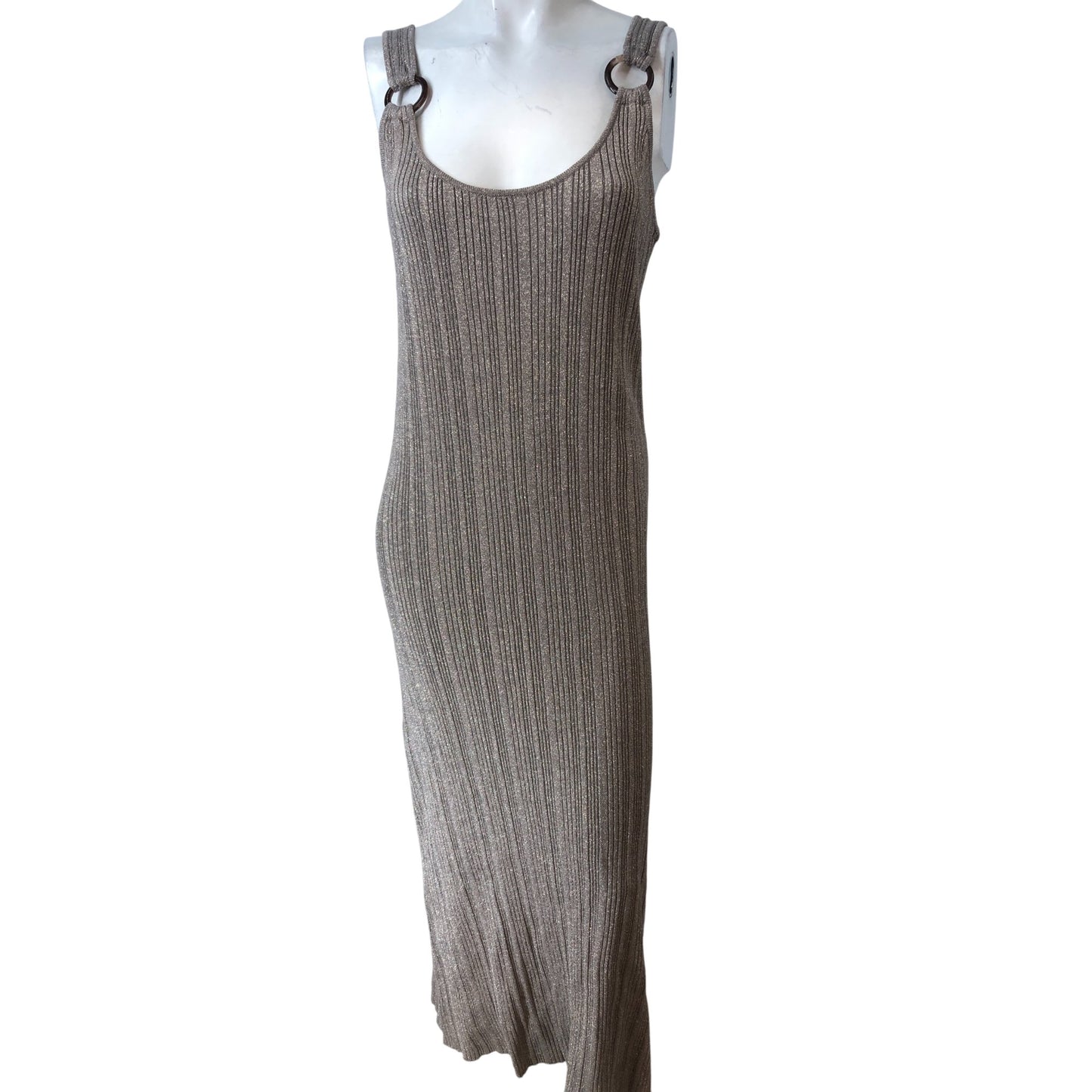River Island Casual Dress UK16 Women's Sleeveless Long Knit Brown Metallic