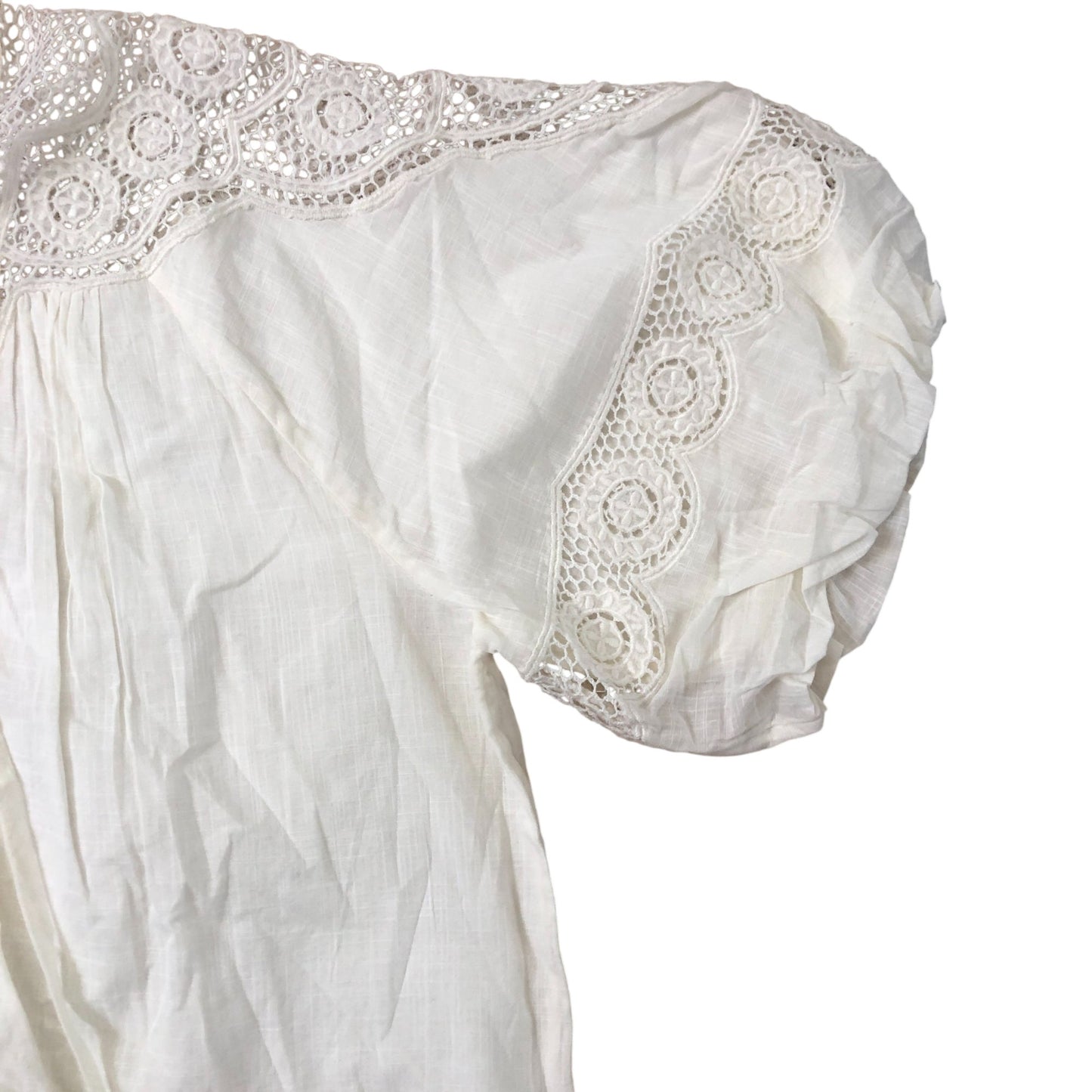 Lace Detail Blouse Size 16 Women's Cream Soft Cotton Puff Sleeve