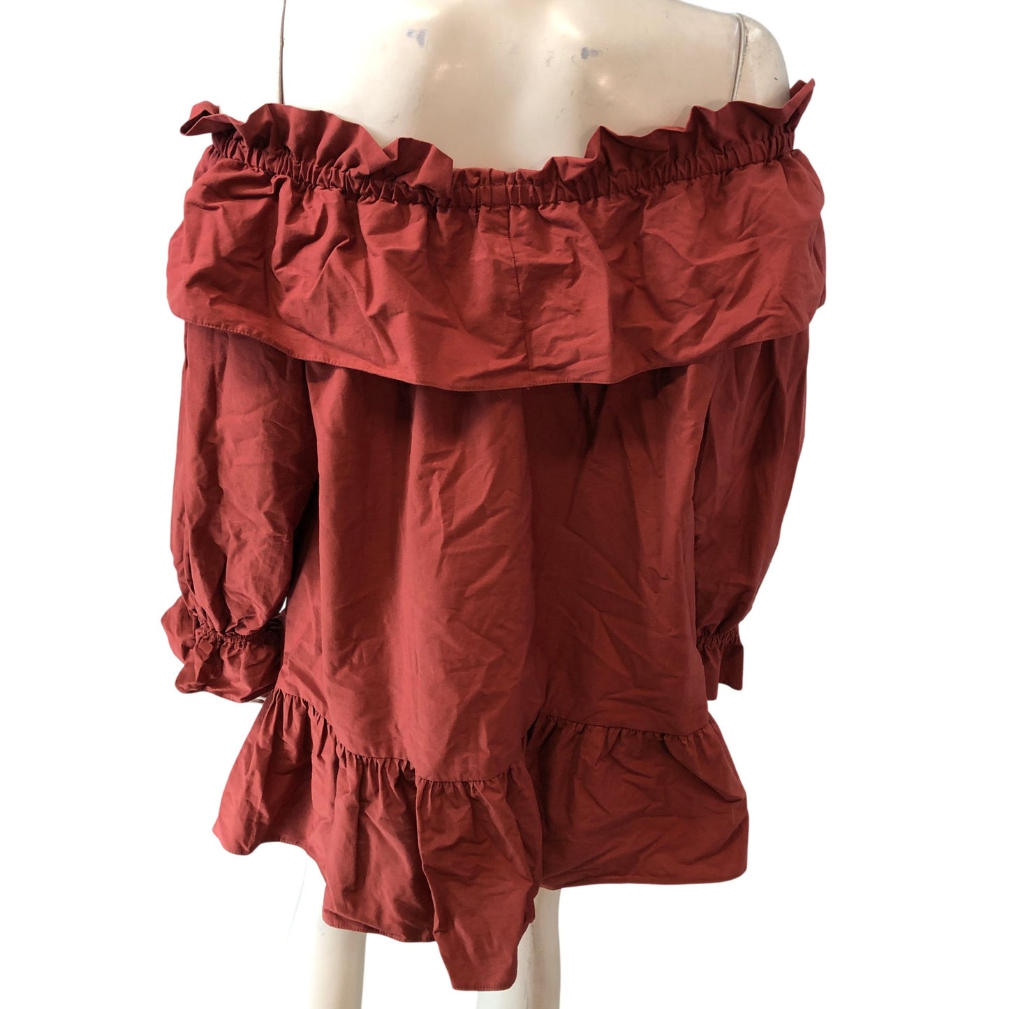 River Island Off The Shoulder Ruffle Dress UK12 Women's Cotton A-Line Rust Red