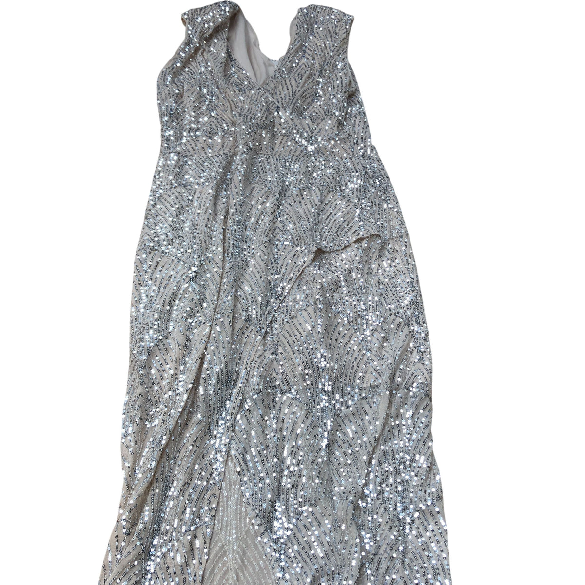 Sequin Evening Dress UK Size 18 Women's V Neck Beige Sequined Gown