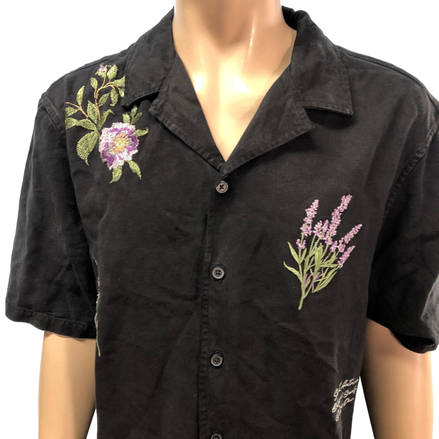 River Island Floral Embroidered Casual Shirt Black Short Sleeve Size Large