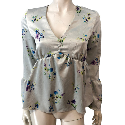River Island Floral Print Peplum Top Women's Pale Silver Long Sleeve Size 8