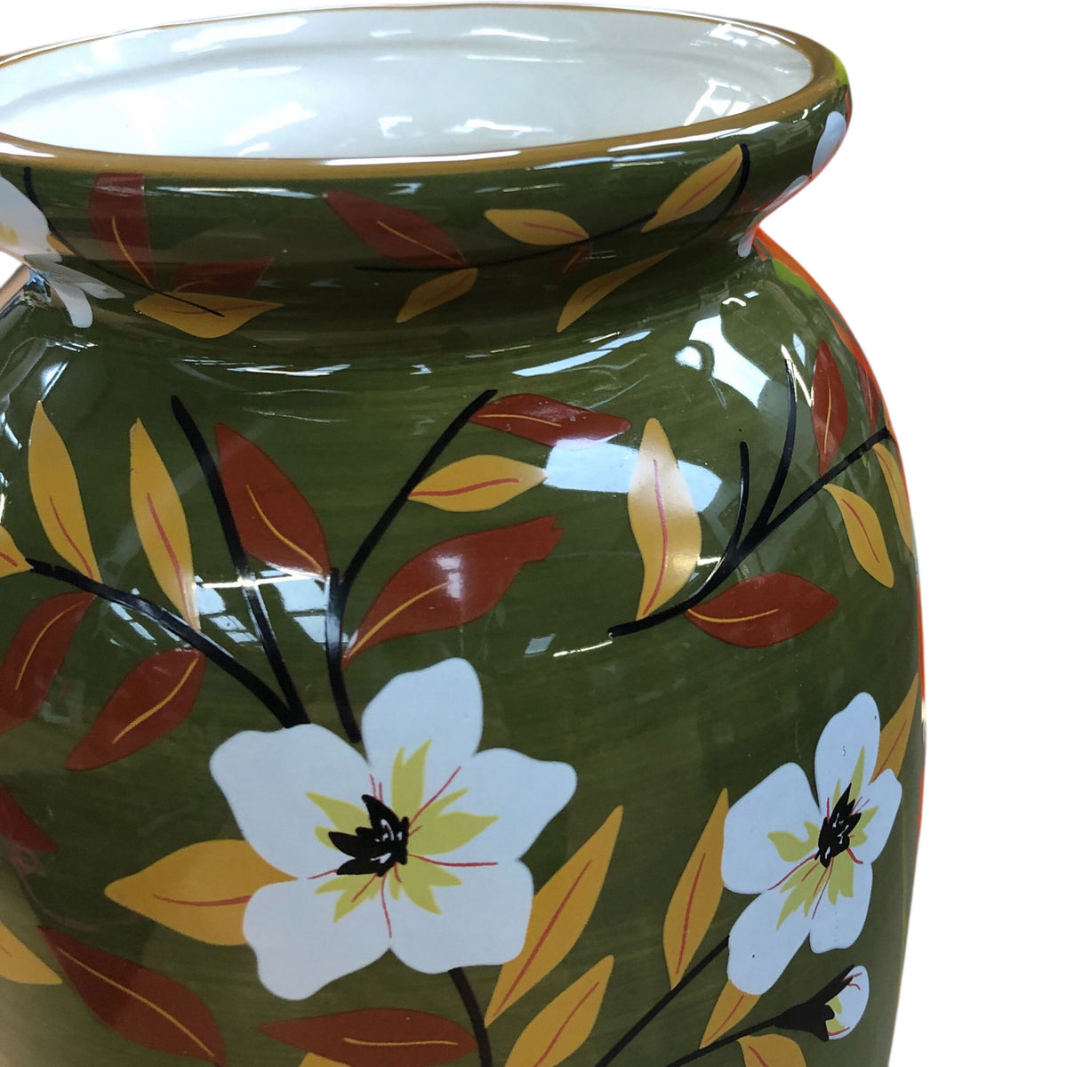 Floral Decorative Vase Green With White Flowers