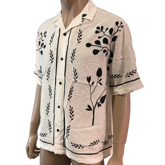 RIVER ISLAND Floral Print Casual Shirt Medium Men's Short Sleeve White