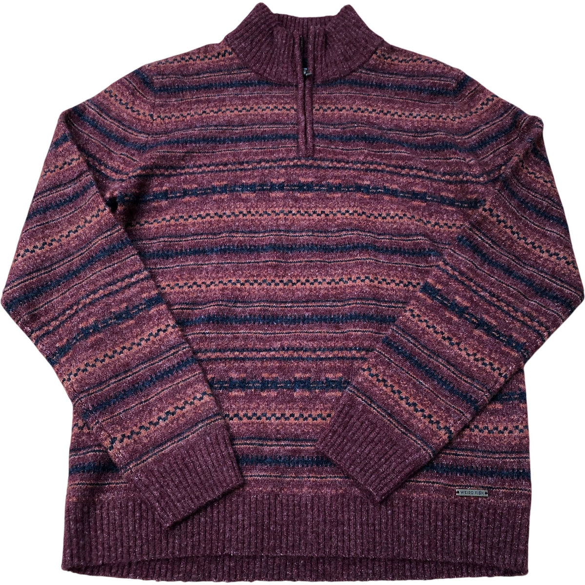 Weird Fish Zip Neck Garnet Striped Knit Wool Blend Sweater Size M