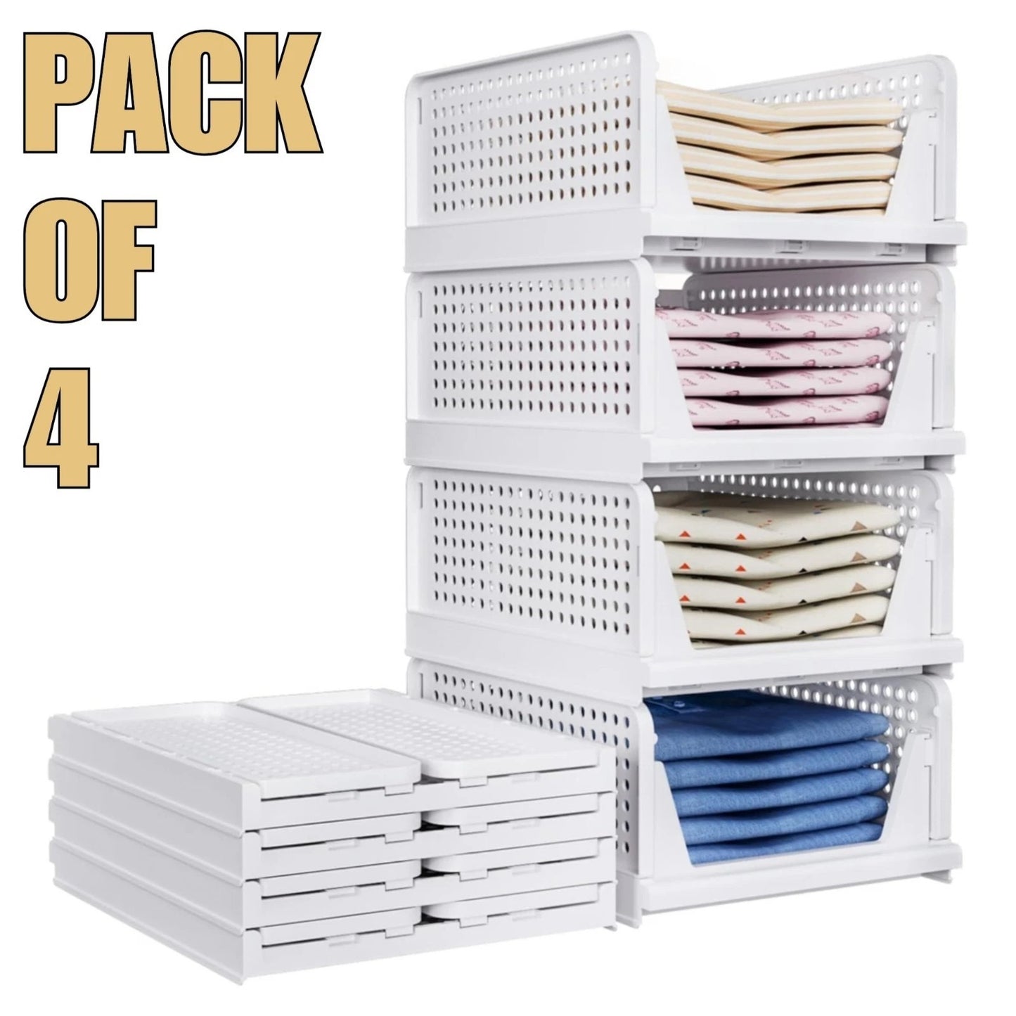 Tidy 4 Pack of Folding Closet Organisers Drawer Type Storage Rack off white