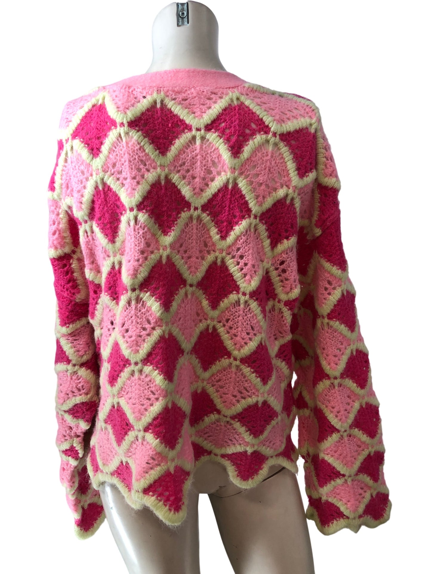 River Island Bright Pink Knitted Cardigan XS Womens Geometric Design Soft Fabric