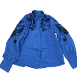 Women's Blue Blouse Cotton Floral Embroidery Long Sleeve