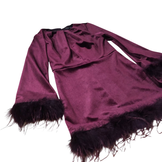 River Island UK12 Women's Burgundy Dress With Fluffy Hem Long Sleeve