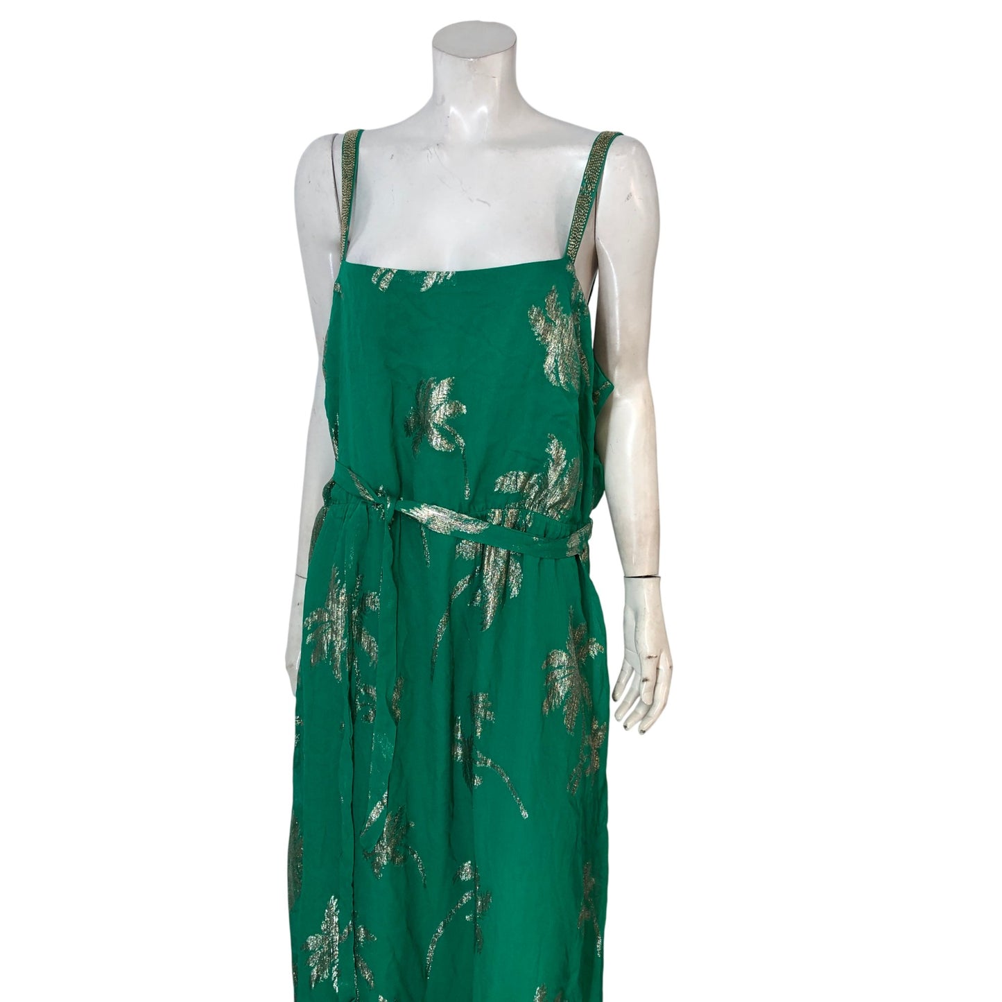 Love And Roses Maxi Dress UK18 Women's Green Palm Print With Beaded Straps