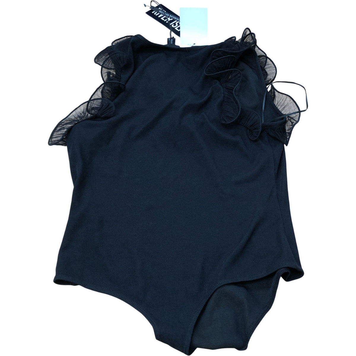 River Island Ruffle Trim Bodysuit Black Women's Size 12 Stylish Sleeveless Top