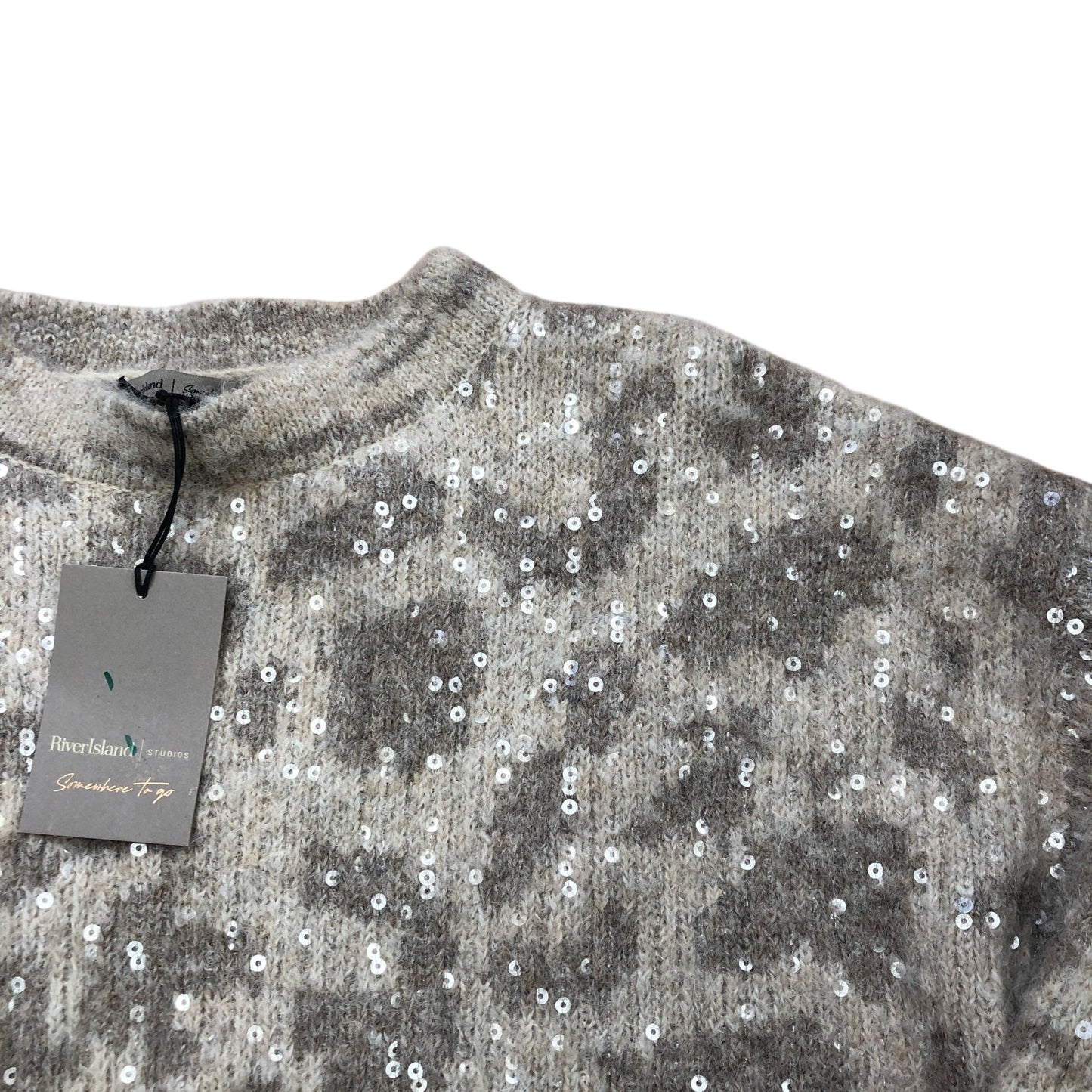 River Island Leopard Print Sequin Sweater XS Women's Casual Knit Wool Blend