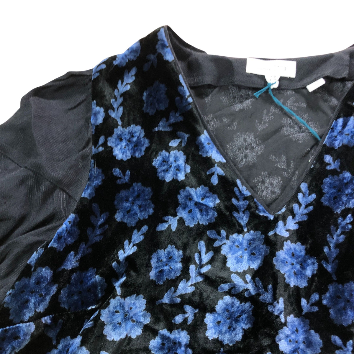 Cleo Blue Velvet Mix Dress UK10 Women's Floral Pattern V Neck