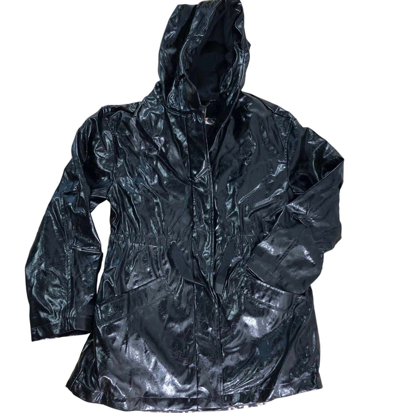 AllSaints Girls Black Rain Coat 11-12Y Waterproof Hooded Leopard Print Gilet