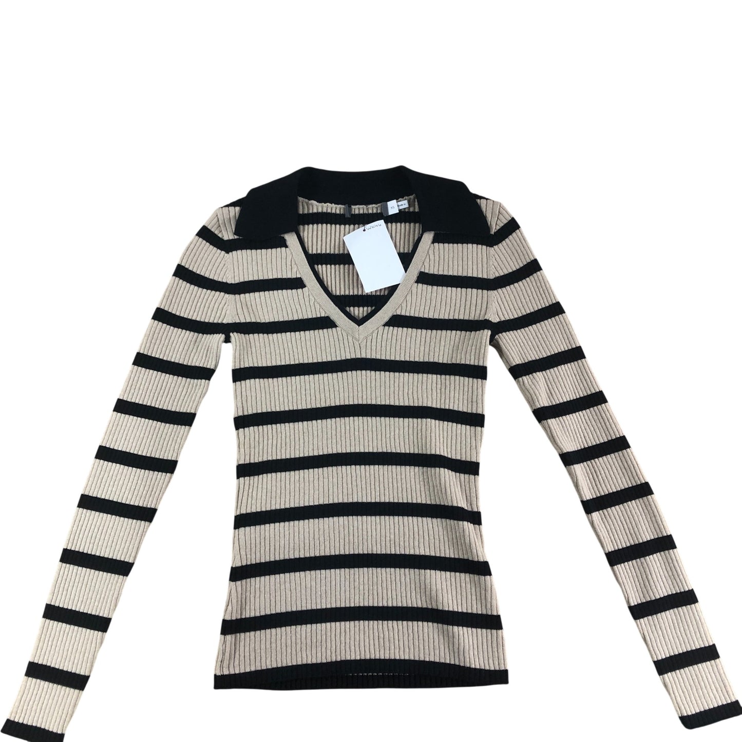 Branded Striped V Neck Sweater Women's Casual Cotton Wool Blend Beige Black UK 6