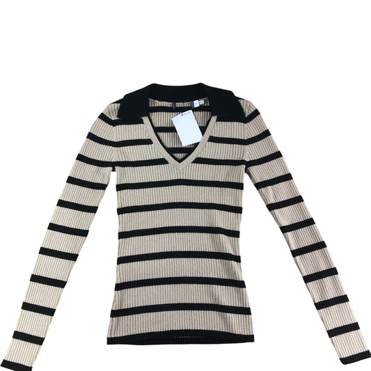 Branded Striped V Neck Sweater Women's Casual Cotton Wool Blend Beige Black UK 6