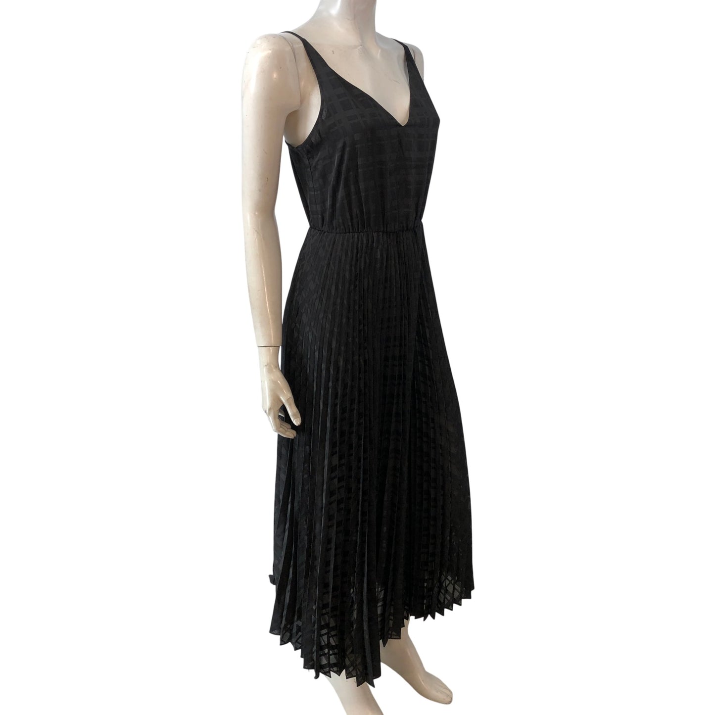 AllSaints Sinead Dress Small Women's Black Pleated Midi V Neck Party Dress
