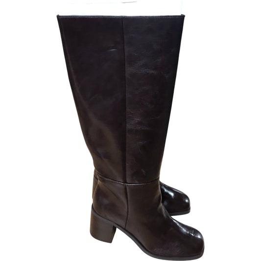 River Island Knee High Boots Women's Brown Leather Block Heel Fashion UK6