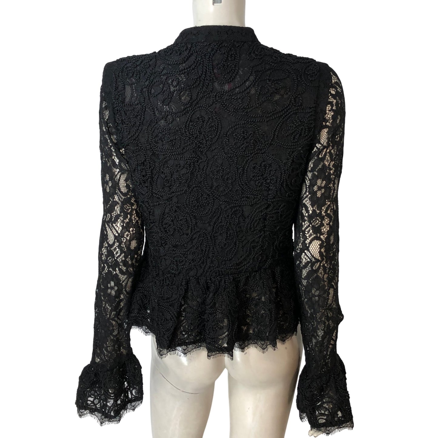 Branded Lace Peplum Blouse UK12 Women's Black Frill Detail Long Sleeve Top