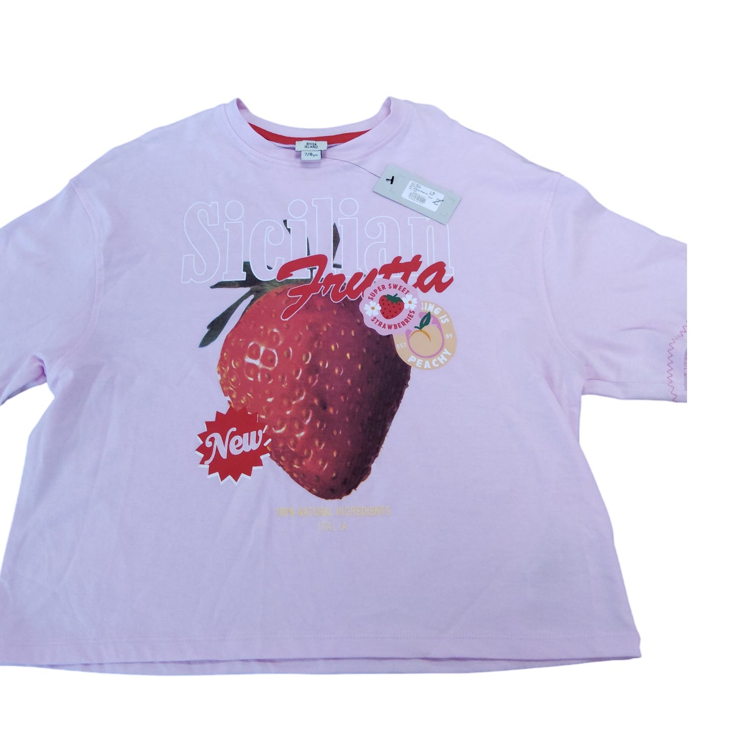 River Island Strawberry Graphic T-Shirt 7/8 Years Girls Pink Short Sleeve